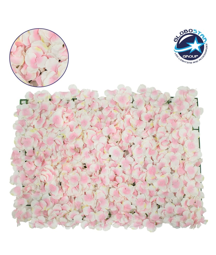 GloboStar® 78322 Συνθετικό Πάνελ Λουλουδιών - Κάθετος Κήπος Άγρια Ορτανσία Ροζ-Λευκό Μ60 x Υ40 x Π5cm